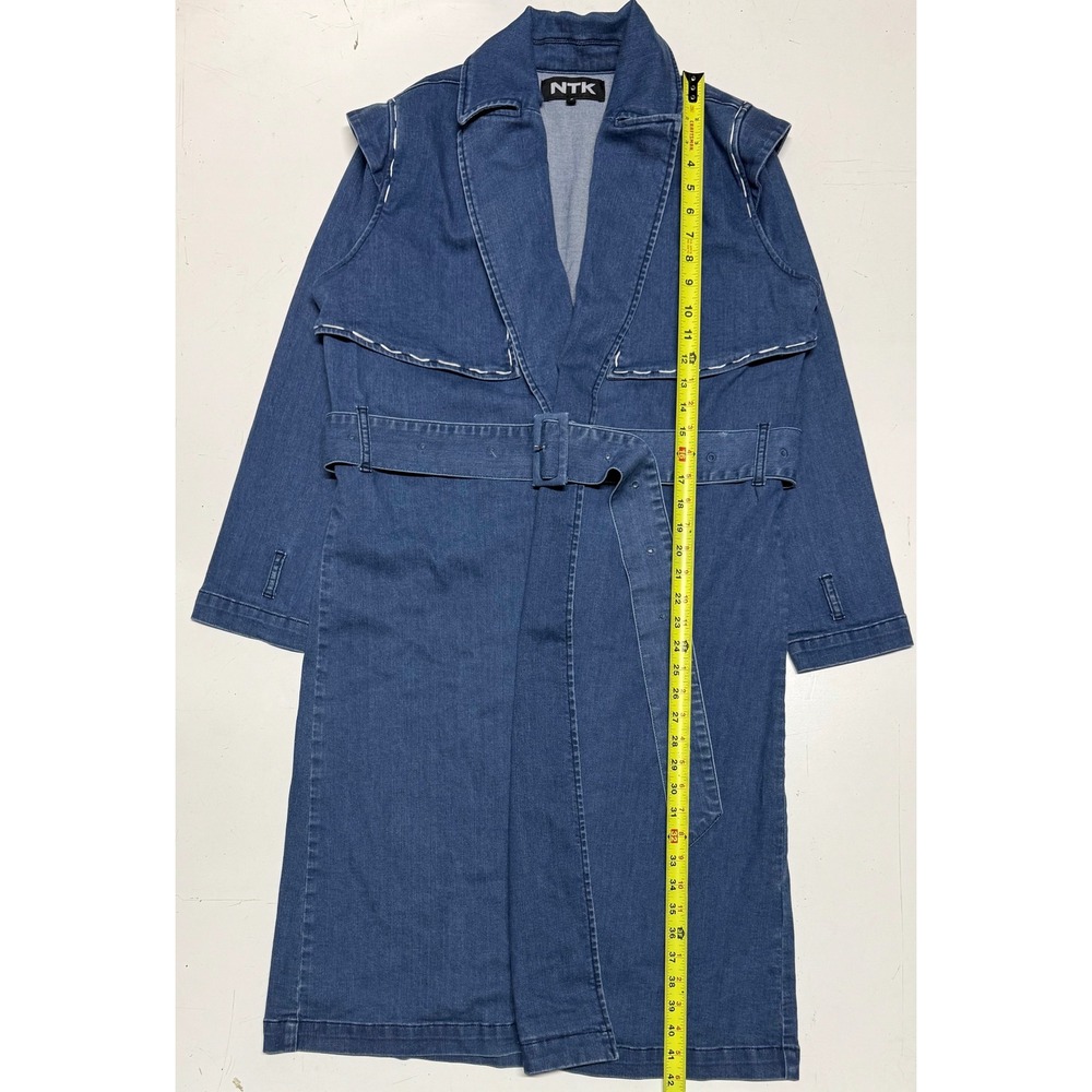 NTK Denim Trench Coat Dress Blue Belted Long Jacket Contrast Stitch Womens Small